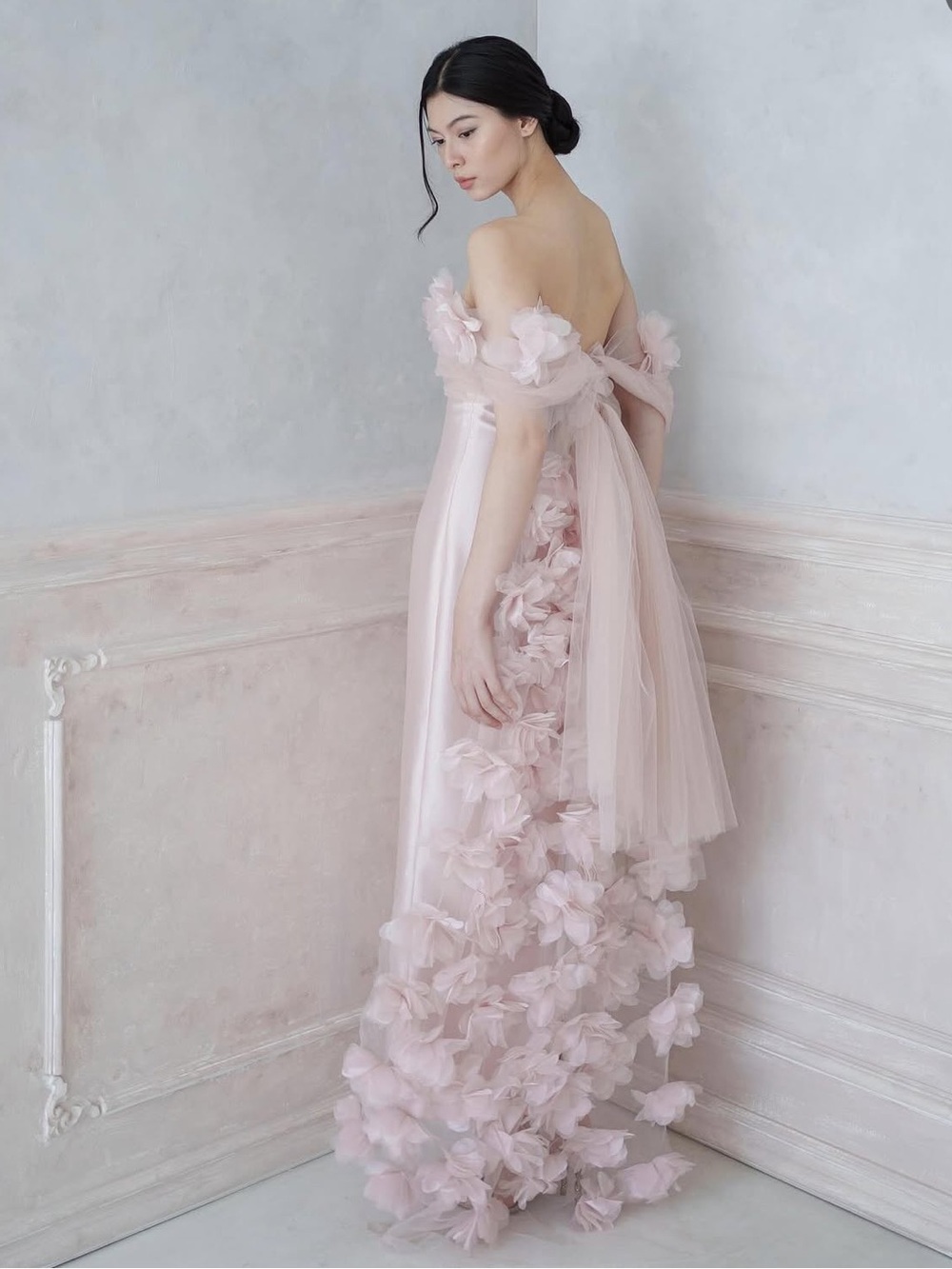 Strapless Blush Pink Floral Sleeve Prom Dress